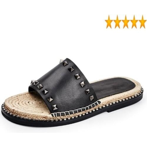 Leather Mens Slippers Casual Genuine Open Toe Flat Shoes Outside Punk Rivet Non Slip Slides Male Summer Breathable Beach Sandals