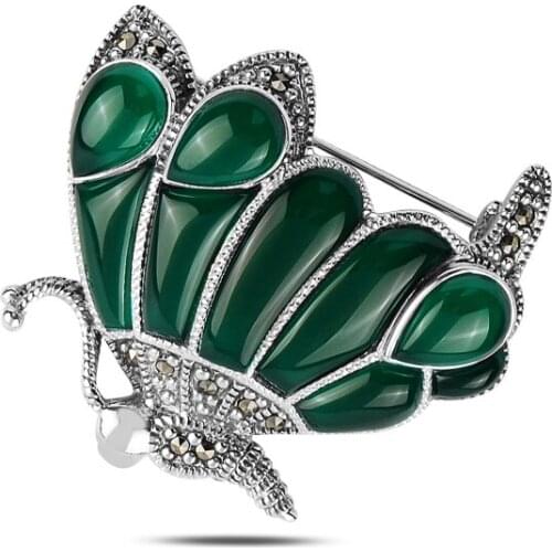 Silver 925 Sterling Butterfly Natural Stone & Marcasite Gemstone Brooch