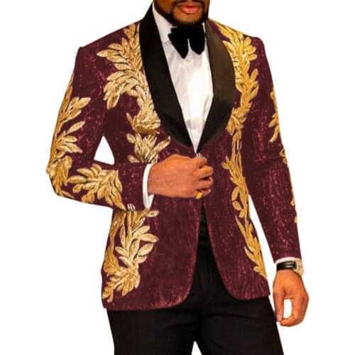 SOLOVEDRESS Mens Suit 2 Pieces Burgundy Slim Shiny Glitter Gold Applique Prom Dress Jacket Party Suits Set (Blazer + Pants)