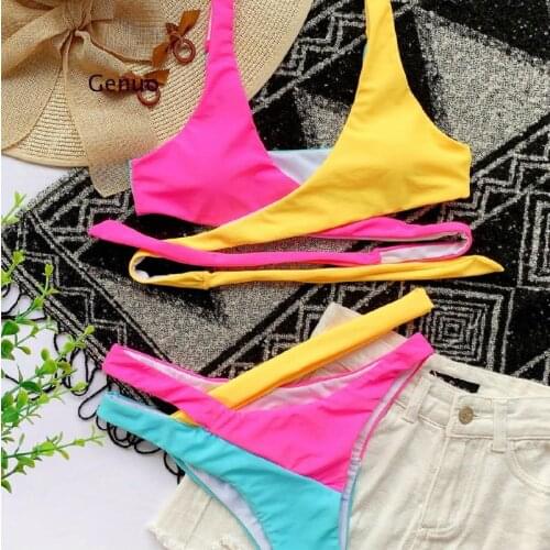 Splicing Colorful Bikini Set 2021 Sexy Bandage Women Swimsuit Female Push Up Swimwear Women Bathers Sports Bathing Suit New