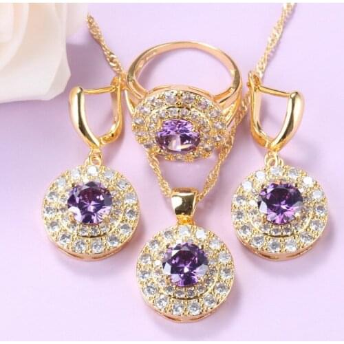 Bridal Costume Gold Plated African Jewelry Set For Women Purple Crystal Earrings Necklace Pendant And Ring 7-Color Sets