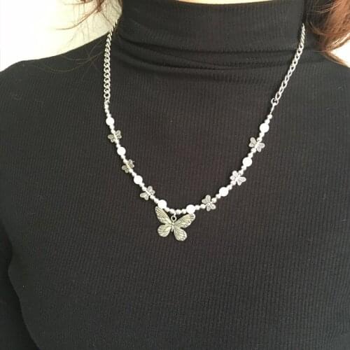Retro Hip Hop Cuba Chain Pearl Necklace Fashion Women Silver Plated Butterfly Necklace for Charm Women Necklace Party Jewelry
