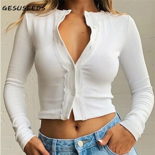 Sexy t shirt women korean fashion long sleeve top knitted casual shirts solid slim t shirt women lace top white black shirt 2021