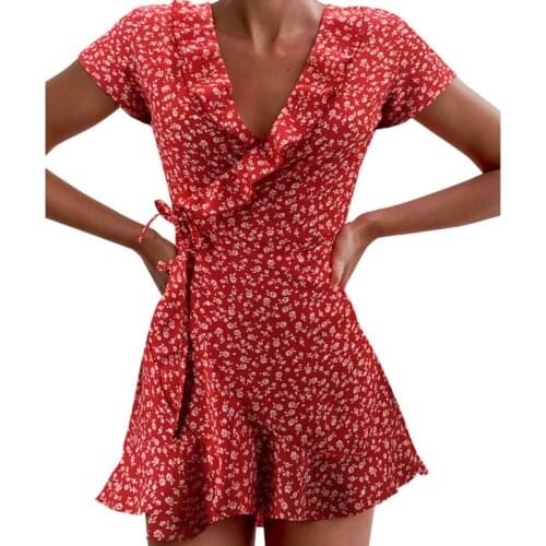 Women’s Fashion Short-sleeved Dress Summer 2021 Elegant Floral Ruffles V-neck Boho Bandage Short Dress Holiday Wear