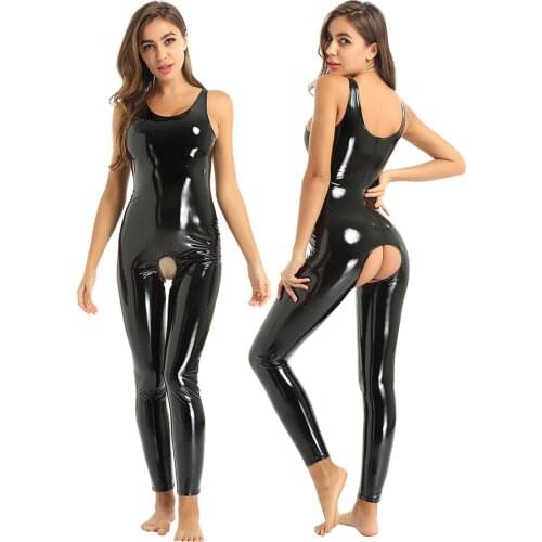 Womens Ladies Body Latex Teddies Leather Open Crotch Rubber Sissy Bodystocking Crotchless Jumpsuit for Parties Clubwear Costumes