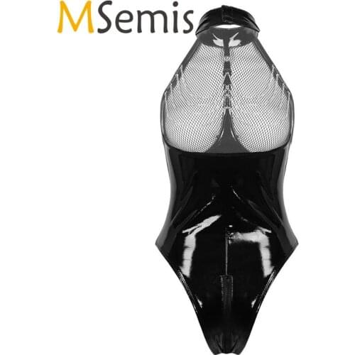 Womens Leather Catsuit Swimsuit Bodysuit Open Butt Halter Neck Mesh Bust Zipper Crotch High Cut Backless Bodysuit Leotard