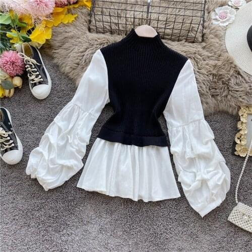 Korean Patchwork Sweater Women Turtleneck Lantern Sleeve Pullover Fake Two Piece Sweaters knitwear Outwear pull femme