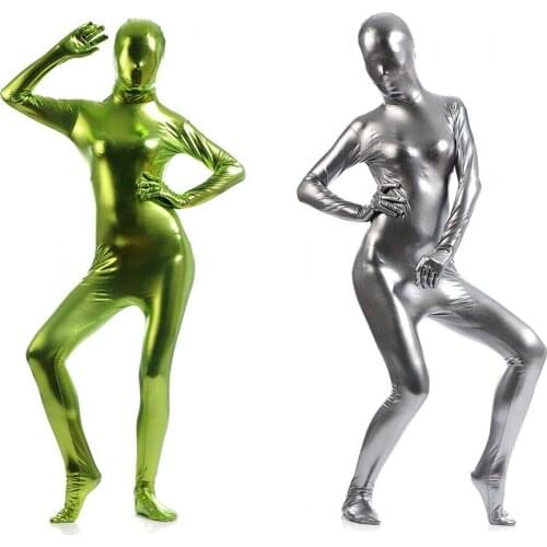 Free shipping bodysuit metallic zentai suit Shiny Grass Green womens Unitard Catsuits Metallic Footed Zipper Zentai Bodysuit