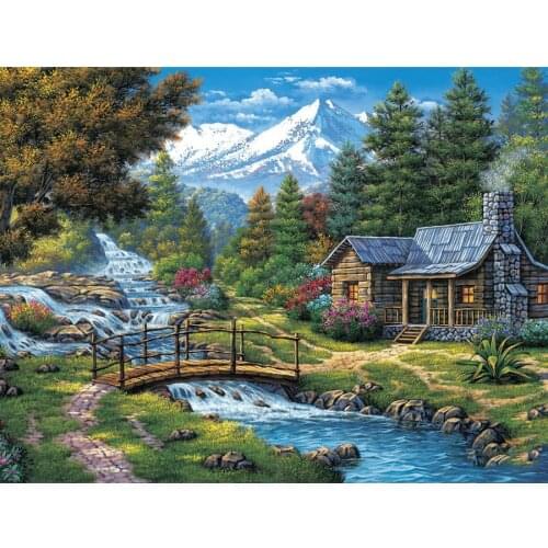 5D DIY Diamond Painting Snow Mountain River Waterfall Hut Scenery Full Square Round Drill Diamond Embroidery Cross Stitch Gift