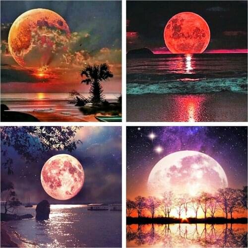 Huacan 5D DIY Diamond Painting Kits Moon Seaside Full Drill Diamond Embroidery Mosaic Landscape Needlework Home Art Decor