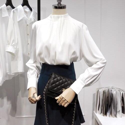 White Chiffon Pleated Women Blouse Summer New Design 2021 O-Neck Loose Long-Sleeved Elegant Office Lady Pulls Outwear Tops