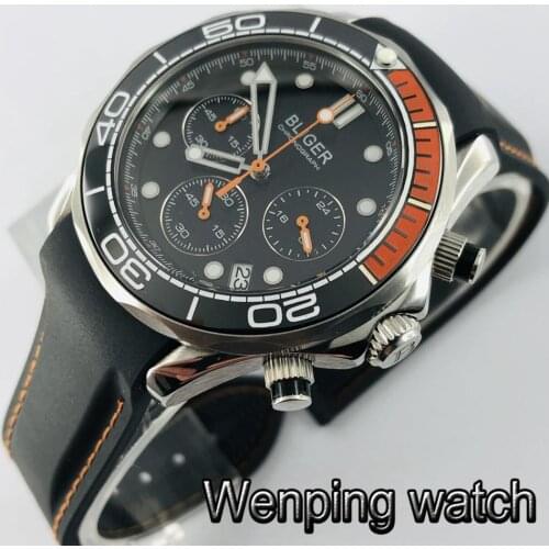 Bliger new 41mm mens top luxury sports quartz watch sapphire glass black dial date rubber strap chronograph quartz mens watch