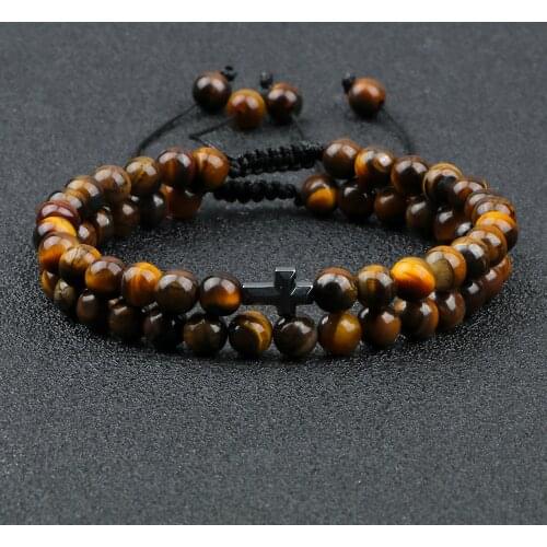 Couples Distance Beads Bracelet Fashion Hematite Cross Tiger Eye Stone Bracelets Handmade Yoga Prayer Jewelry Homme Bileklik