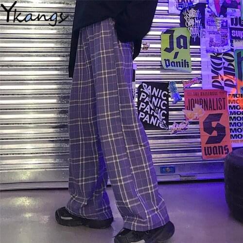 Wide Leg Pants Purple Trousers Plaid Baggy Pants Women Jogger Trouser Hip Hop Contrast Checkerboard Harajuku Loose Pants Unisex