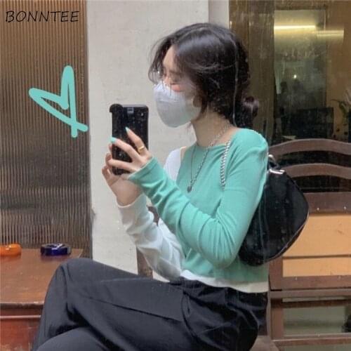 T-shirts Women Patchwork Design Simple Tees Ladies Long Sleeve All-match Fashionable O-neck Female Clothing Slim Fake-two-piece