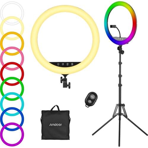 Andoer 18" RGB Ring Light Kit with LED Selfie Ring Light 2500K-8500K Dimmable + 190cm Light Stand for Vlog Live Streaming