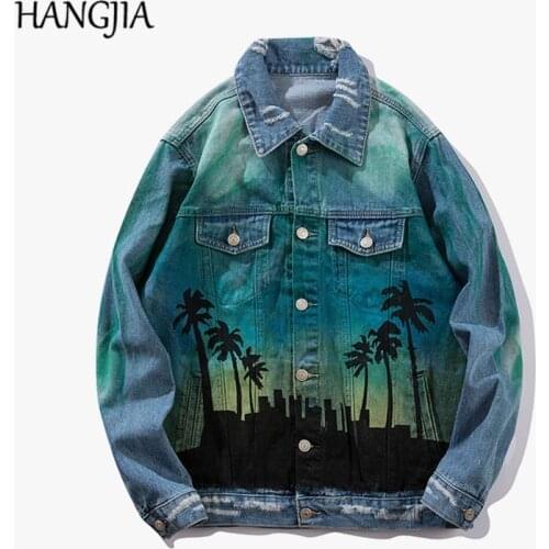 Mens Denim Jacket Streetwear Hip-hop Washed Destroyed Man Jacket Coconut Tree Print Loose Jacket Mens Spring Autumn