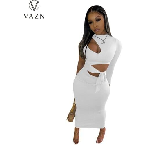 VAZN 2021 Fashion Sexy Solid Bandage Bodycon Full Sleeve Hole Out Maxi Dress Shinny Night Party Shinny Slim Dress