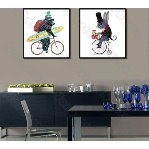 Cartoon Picture Canvas Painting and Posters Wall Gorilla and Rabbit Riding a Bicycle a Heartwarming Scene for Home Rooms Decorat