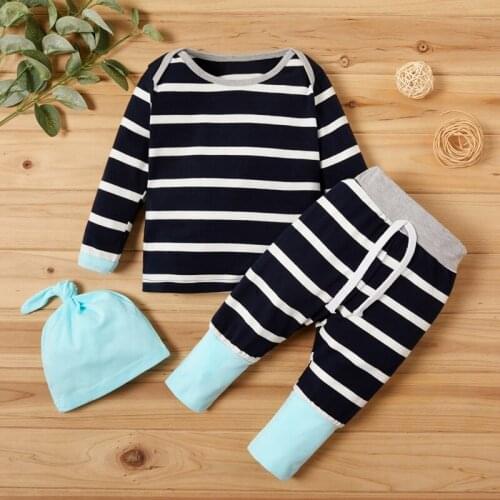 New Autumn Winter 3 Piece Set Cotton Striped Long Sleeve Tops+trousers+solid Hat Casual Soft Home Baby Boy Girl Clothes 0-18M