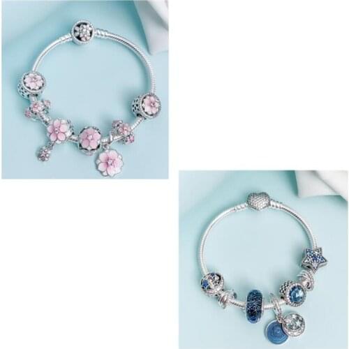 Original 925 Sterling Silver Strand Bracelets Enamel Magnolia Bloom Duo With Crystal Beads Fit Pan Bracelet Diy Jewelry