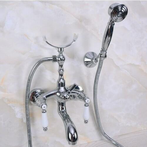 Polished Chrome Wall Mount Bathtub Faucet Dual Handles Swivel Spout Mixer Tap with Hand Sprayer zna247