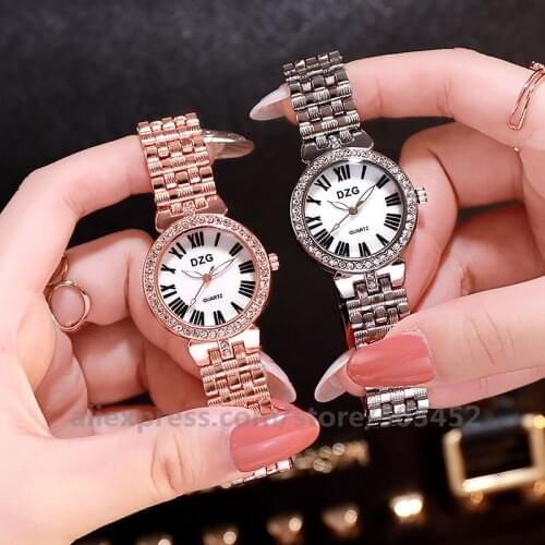 50pcs/Lot Luxury Women Watch Roman Numerals Steel Belt Watch Rhinestone Crystal With Diamond Round Dial Quartz Clock Relogio