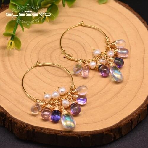 GLSEEVO Original Design Handmade Hoop Earrings For Women 925 Sterling Silver Fresh Water Pearl Colorful Tassel Earrings GE0904