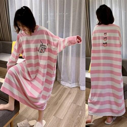 SLPBELY Stripe Cartoon Print Leisure Womens Dress Sleepwear Home Clothes Long Sleeve Girls Night Dress Sleepwear Home Wear