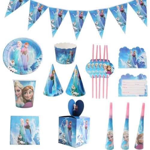 Disney Frozen Elsa Anna Birthday Decoration Disposable Tableware Cups Plates Flags Tablecloth Napkins Baby Shower Supplies