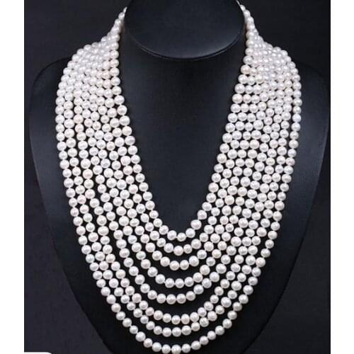Unique Pearls jewellery Store 8 rows White Round Genuine Freshwater Pearl Necklace Charming Women Gift Fine Jewelry