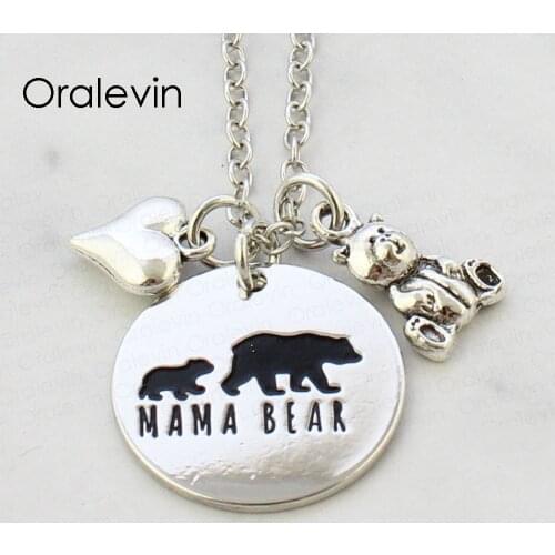 Mama bear Family Inspirational Stamped Engraved Necklace Charm Round Pendant Chain Necklace Jewelry Mother Gift,10Pcs/Lot,LN2465