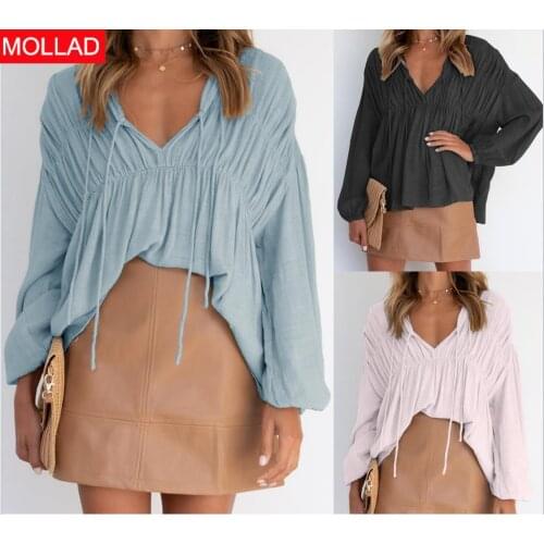 2021summer New AliExpress Hot Sale V-neck Lace-up Pleated Top Women Blouse long Sleeve
