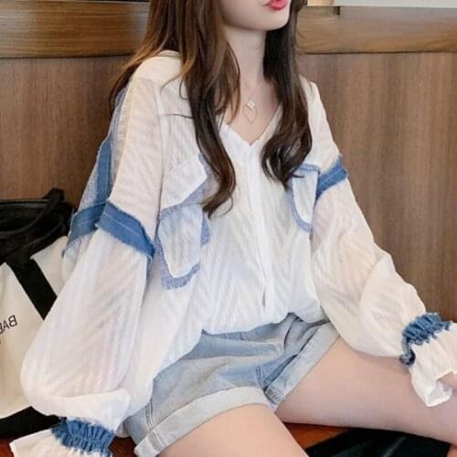 MUMUZI contrast color retro chiffon blouse long sleeve shirts female 2019 autumn new design shirts hit color tops