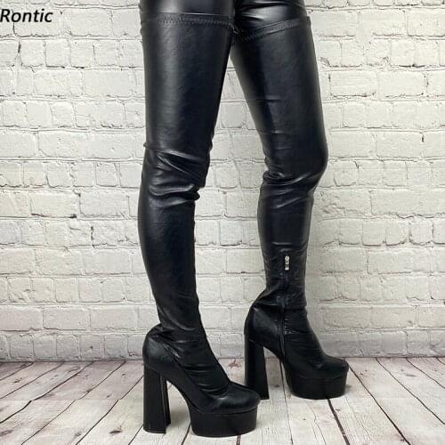 Rontic Handmade Women Spring Stretch Boots Waterproof Chunky Heels Round Toe Elegant Black Club Shoes Size 34 45 47