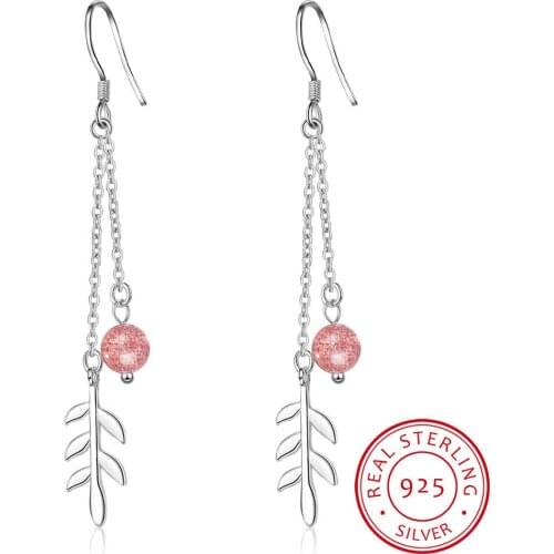 925 Sterling Silver Round Beads Strawberry Crystal Tassel Leaves Drop Earrings pendientes For Women Fine Jewelry