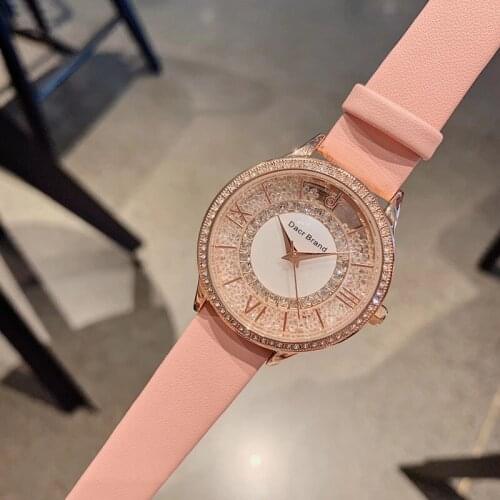Waterproof Sweet Pink Genuine Leather Strap Watches for Women Vintage Roman Number Watch Quartz Movable Sands Crystal Wristwatch