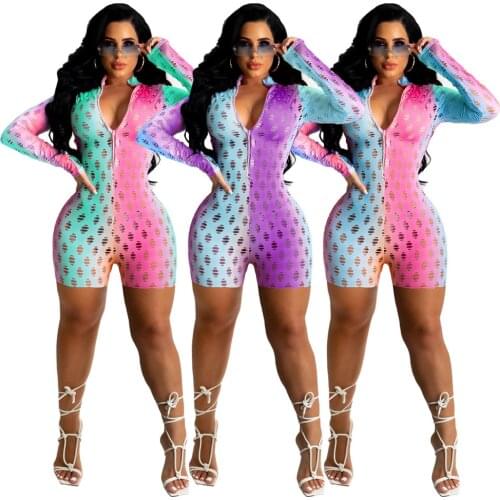 Color Gradient Hole Jumpsuit Women Sexy Zipper V Neck Long Sleeve Biker Shorts Bodycon Playsuit See Through Club Romper Overalls