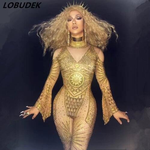 Gold Rhinestones Crystals female jumpsuit DJ costume Prom sexy Leotard Jumpsuit Party Leading dancer nightclub Stage Costume