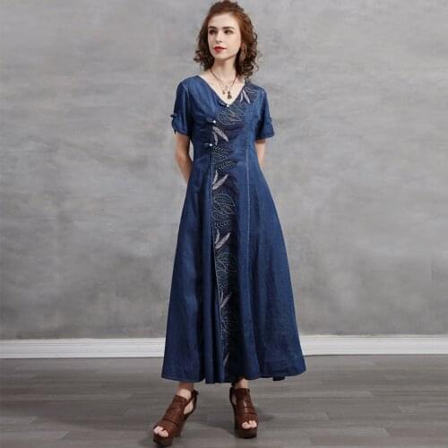 Johnature Women Denim Dress V-Neck Short Sleeve Embroidery Button Solid Color Clothing 2021 Summer New Zipper Patchwork Dresses