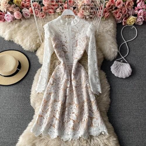 Women Spring Summer Flower Embroidery Long Sleeve Hollow Out Lace Midi Dress Elegant Female Party Dresses Vestidos
