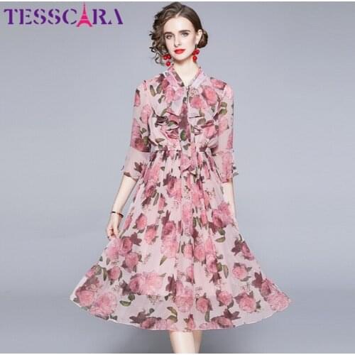 TESSCARA Women Summer Elegant Floral Dress Festa High Quality Long Pink Wedding Party Robe Femme Runway Bow Designer Vestidos