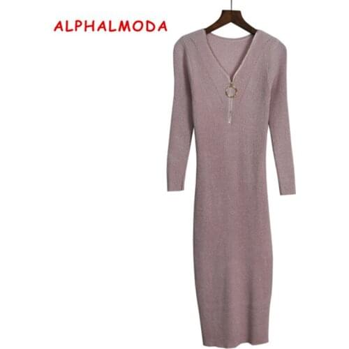 ALPHALMODA V-neck Zipper Collar Ripped Womens Slim Bodycon Dress Gold Threads Knitted Shining Long-sleeved Ripped Vestidos