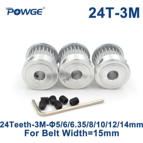 POWGE 3pcs 24 Teeth HTD 3M Timing Pulley Bore 5/6/6.35/8/10/12/14mm for Width 15mm 3M Synchronous belt pulley HTD3M 24T 24Teeth