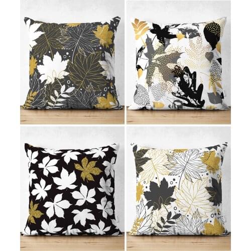 4'lü Double-Sided Color Zeminli Gold Detailed Leaf Pattern Modern Suede Cushion Pillow decorate Case Set High Quality Stylish Home Garden Room Kitchen Gift Useful Decorative Colorful