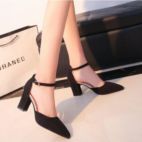 Big Size Summer Korean High Heels Pointy Strap Womens Sandals Solid Color Thick Heels Buckles Pumps Casual Shoes for Women A055