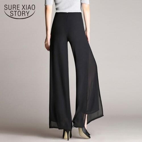 Chiffon Pants Double Layer Side Split Casual Pants Summer Wide Leg Pants Loose High Waist New Women Vintage Trousers 7361 50