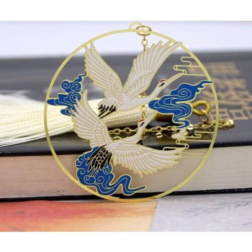 Crane Shape Tassel Bookmarks Exquisite gift box packaging Chinese Retro Carving Style Metal Stationery Supply Gifts
