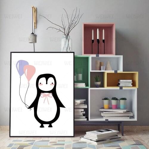 Canvas Painting Nursery Cute Bear Penguin with Balloon Wall Art Print Painting Nordic Kids Bedroom Decor Unframed Weiwei