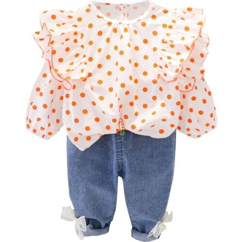 Spring And Autumn Girls' Suit 2021 Fashion New Polka Dot Lotus Lace Top Elastic Waist Jeans Childrens Two-piece Set 0-4Y